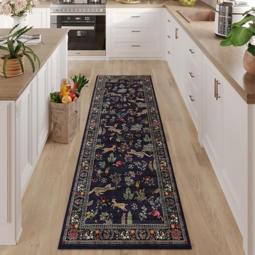 Runner Rug for Kitchen Rug Non Slip 2'6''x8' Washable Rugs with Rubber Backing Soft Floral Animal Carpet Runner for Kitchen, Laundry, Bedroom, Bathroom (Blue)