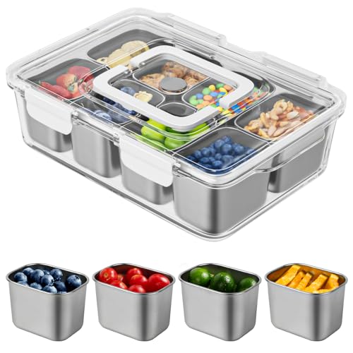 Snackle Box Container, Stainless Steel Divided Serving Tray with Lid and Handle, 8 Compartment Portable Snack Platters - Clear Storage Organizer for Fruit Candy Nuts Veggie - Perfect for Travel Party