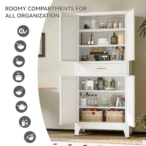 Image of COFaR 71 inch Tall Pantry Cabinet with Drawer, White Storage Cabinet with Adjustable Shelves, 3-Section Freestanding Cupboard for Kitchen Organization
