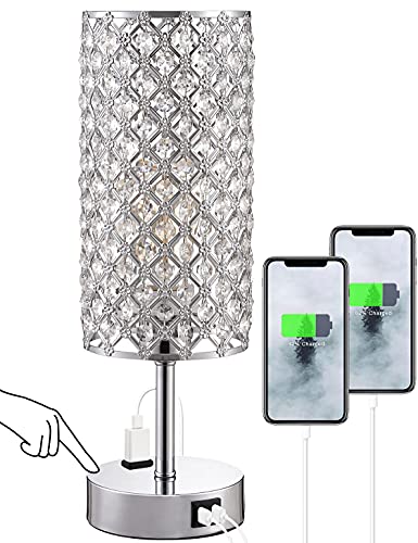 Crystal Touch Small Lamp with USB, 3-Way Dimmable Nightstand Table Lamps / Bedroom / Kids Room / Guest Room, Night Side Table Lamps with Dual USB and AC Outlet Charging Ports, Color Silver Rhinestone