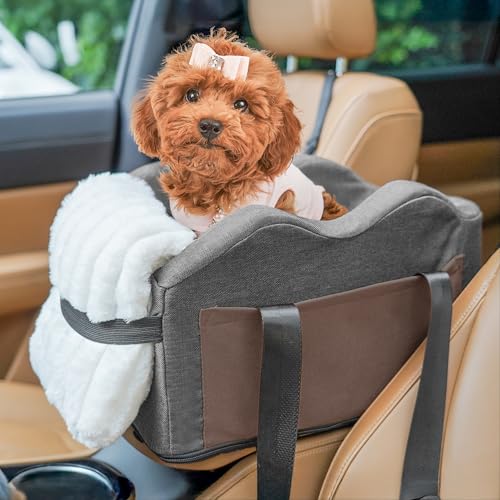 Sangoodier Center Console Dog Car Seat for Small Dogs with Bunny Fleece, Anti-Slip Booster Car Seat with Collar Hook, Triple Protection, Portable Washable, for Pets Up to 13.5lbs (Grey-Black)