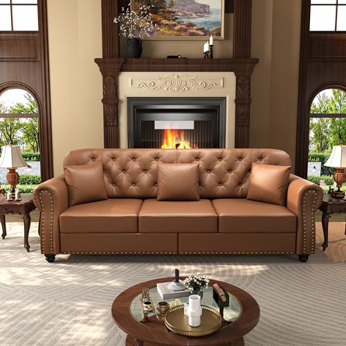 Image of KEIKI 2-Piece Chesterfield Sofa Set with 1 Faux Leather 3-Seater Sofa & 1 Single Sofa, Upholstered 4-Seater Couch Set with Nailhead Trim & Rolled Arms & 1 Ottoman & 4 Pillow, for Living Room, Brown