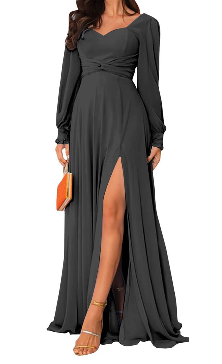 HPPEE Black Bridesmaid Dresses Long Sleeve for Wedding Empire Waist A Line Chiffon Formal Dress with Pockets Side Slit Prom Gown UK18