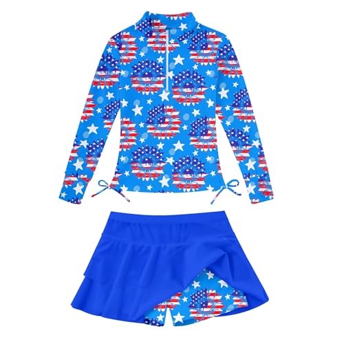 Image of Vogseek 3-12T Girls Rash Guard 2 Pieces Bathing Suit Long Sleeve Swimsuit Swimming Skirt with Shorts Swimwear