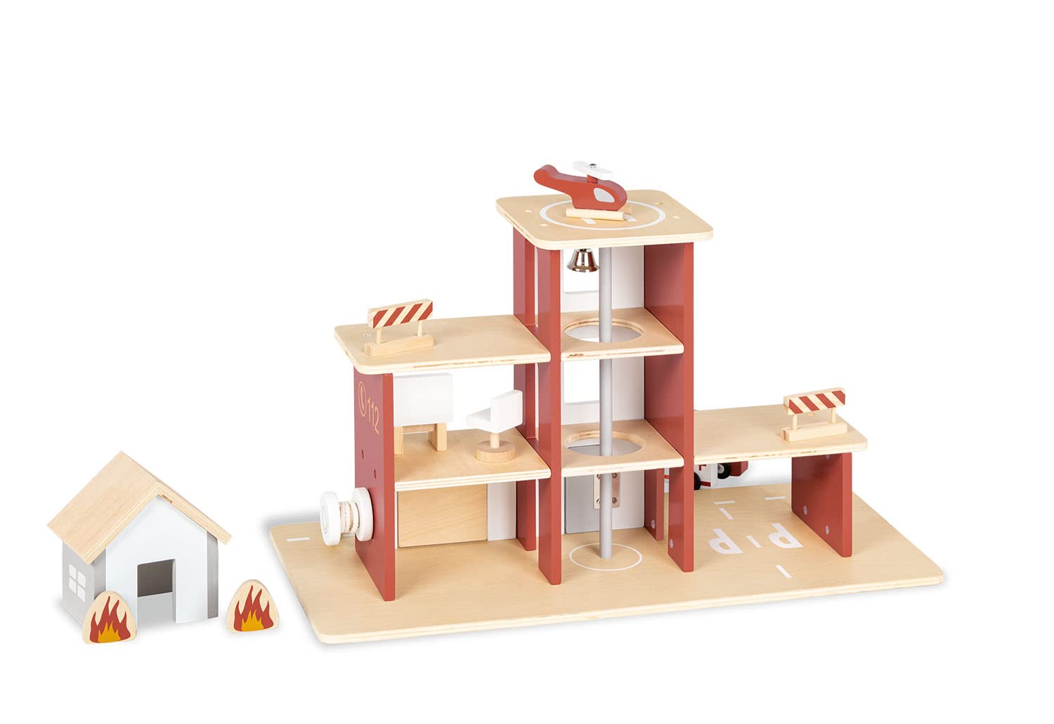 PINOLINO Feuerwache Ben mit Zubehör, aus Holz, 12-tlg, mit Garage, Rutschstange und abrollbarem Schlauch, klar und bunt lackiert, Rot
