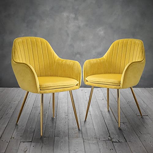 Image of Pair of 2 Stylish, Modern, Elegant & Comfortable Velvet Arms Chairs for Dinning Living Hotel Cafe (2 Chairs) (Yellow)