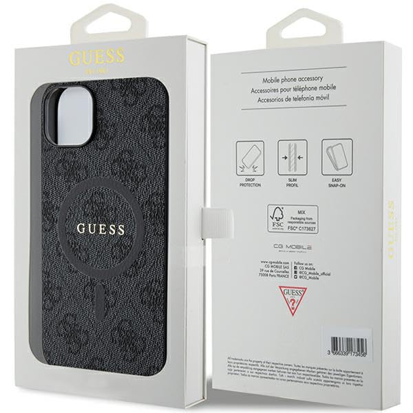 Guess GUHMP15SG4GFRK - Custodia rigida per iPhone 15/14/13 6.1", collezione 4G, con logo in pelle, colore: Nero
