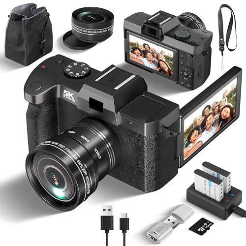 Fsjun Appareil Photo Numérique 5K Ultra HD-64 MP Grand Angle, Écran orientable 180° 3 Pouces, Zoom numérique16x, Carte SD 32Go et 2 Batteries Li-ION,...