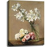 msspart Roses and Lilies Flowers Famous Painting by Henri Fantin Latour Canvas Wall Art, Vintage Floral Picture Artwork Print for Living Room, Bedroom Bathroom Room Home Decor