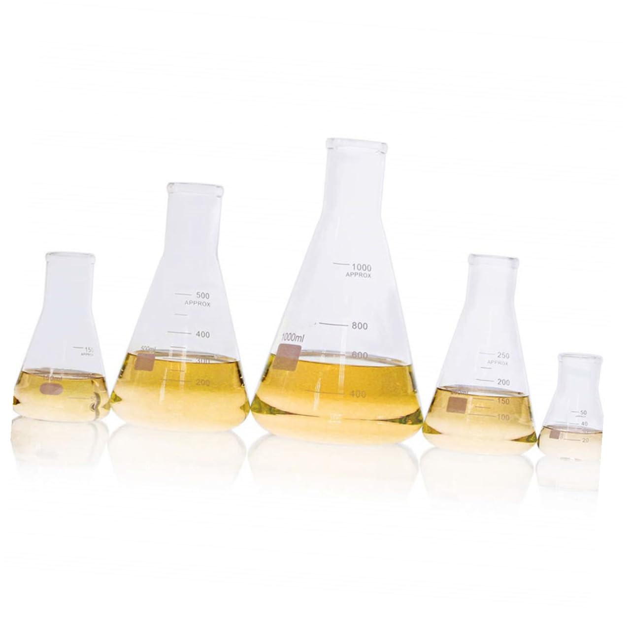 5 Pezzi Beuta Conica in Vetro per Laboratorio Collo Largo | Fondo Piatto, Tacche Standard, Area di Marcatura Ampia, Vetro a Spessore Uniforme