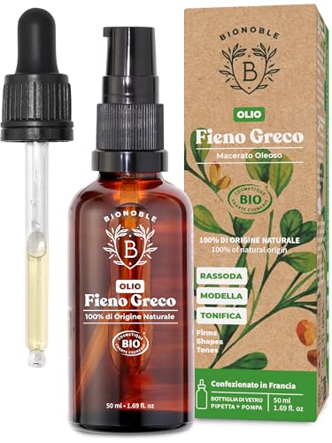 BIONOBLE Olio di Fieno Greco Puro per Seno Bio - Rassoda e Modella Seno e Glutei - Macerato di Semi Senza Odore, 100% Naturale - Olio Fieno Greco Capelli - Bottiglia di Vetro, Pipetta, Pompa - 50ml