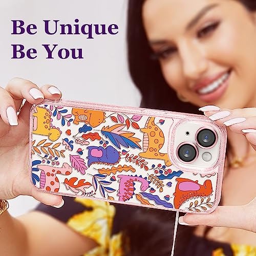 Image of Designed for iPhone 14 Case Pink Glitter Clear - Cute Bling Phone Case with Wrist Strap - Aesthetic Y2K Case for Woman, Girl 6.1 inch (Dinosaur)