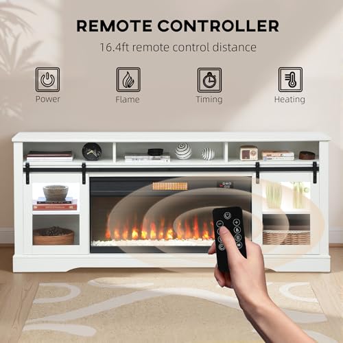 HOMCOM Fireplace TV Stand for TVs Up to 80 Inches, Modern Entertainment Center with 36" Glass Electric Fireplace & LED Lights, TV Console with Open Storage and Side Cabinets for Living Room, White - Image 5