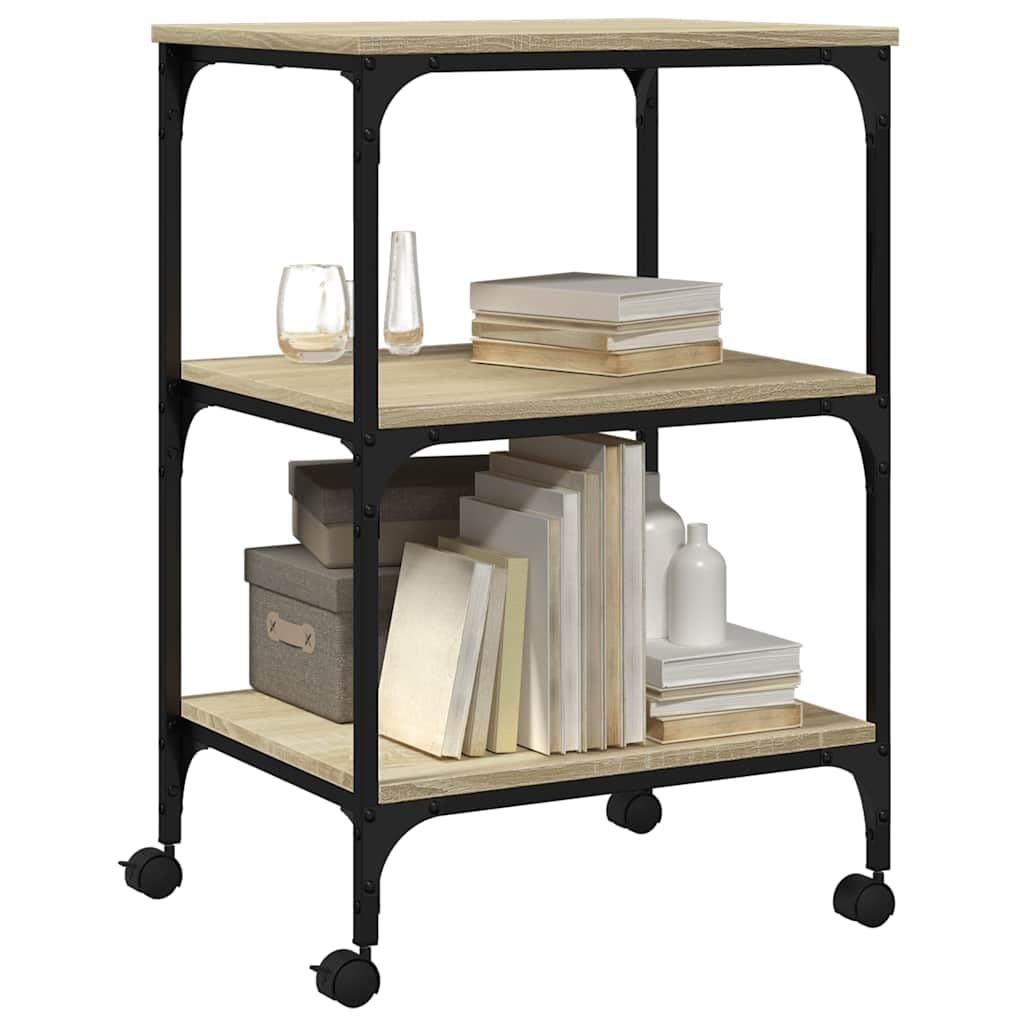 Supporto per stampante a 3 ripiani, in rovere Sonoma, 50 x 41 x 75 cm, con ruote, scaffale per stampante da ufficio in legno e telaio in acciaio, tavolo per stampante con 3 ripiani per