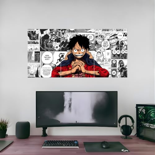 Image of Aniculture Premium 3 Piece Split Poster Set, Wall Art Collage, 300 GSM Ultra HD Print Quality, Self-Adhesive, Anime Wall Decor (63L x 29W cm, Luffy Wano's Dawn)