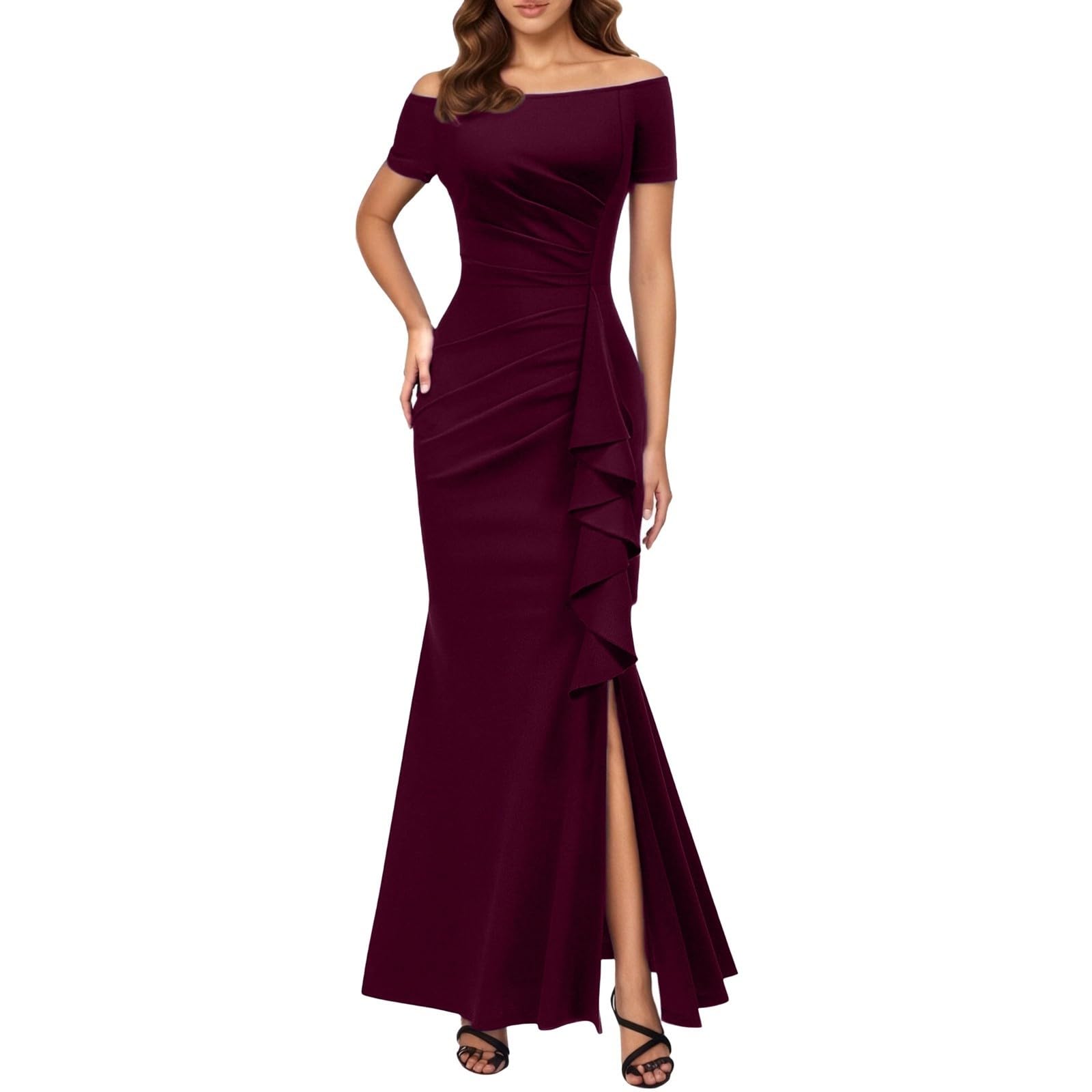 Générique Robe Longue Femme Cocktail Casual Soirée Chic Habillée Élégante Fendue Col V Manches Longues Moulante Soirée Cérémonie Mariage Nouveauté Mode A94