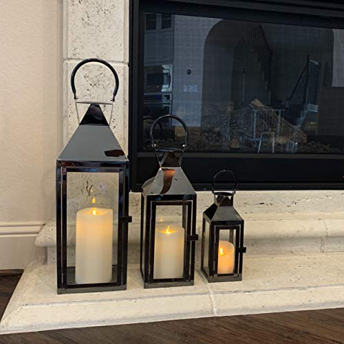 Image of Allgala 3-PC Lantern Set 24 Inch Jumbo Deluxe Modern Indoor /Outdoor Candle Lantern Set Black Stainless Steel Frame Tempered Glass Pyramid Top for Garden Poolside Fireplace Wedding