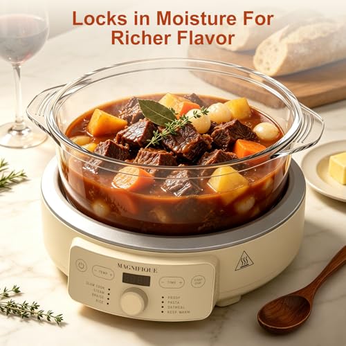 Image of MAGNIFIQUE Slow Cooker, 4.5 Quart 8-in-1 Glass Pot Multi-Cooker, Non-Toxic Slow Cooker with Removable Borosilicate Glass Pot, for Rice, Pasta, Steam & Proof, Oatmeal