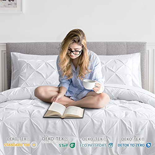 Maple&Stone Queen Comforter Set 7 Pieces Pinch Pleat Bed In A Bag, White Comforter Queen Sets Pintuck With Comforter Sheets Pillowcases & Shams, White Bedding Comforter Sets For Queen Size #TOP2
