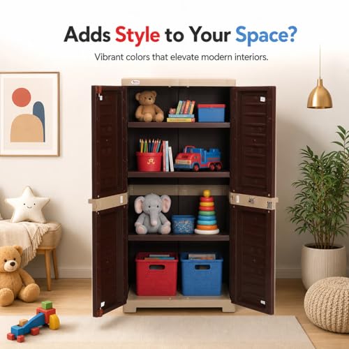 Image of Supreme Furniture Fusion 02 Multipurpose Plastic Cupboard | 40-Months Warranty* | 2 Door Tall Storage Cabinet with 3 Adjustable Shelves | Big Waterproof Organiser for Living Room | DIY | Brown Beige