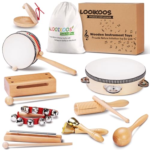 LOOIKOOS Montessori Natural Wooden Musical Instruments Set for Toddlers Preschool Educational Percussion Toys with Storage Bag, Safe Early Learning...