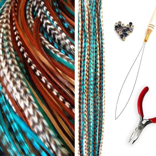 32 Hair Feathers And Tool Kit, Natural Browns Feather Extensions With Beads, Loop Tool And Pliers #TOP1