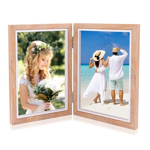XIATIAN Cadre Photo Double 10x15 cm, Cadres Photo Doubles Pliables, Cadre Photos Couleur du Bois 2 Photos pour Famille, Amis, Décoration Intérieure, Cadres...