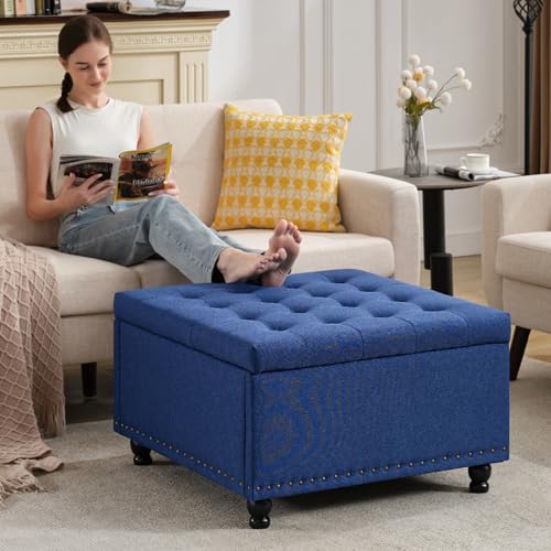 Tbfit Large Square Tufted Upholstered Ottoman and Coffee Table with Storage, Oversized Footrest Bench for Living Room Bedroom, Blue