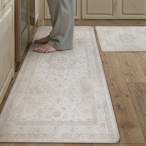 Kitchen Mats 2PCS Anti Fatigue Cushioned Mat Beige Vintage Kitchen Mats for Floor Waterproof Non Slip Comfort Standing Oriental Medallion Rug for Sink Laundry Office 17.3"x47"+17.3"x30" Dist