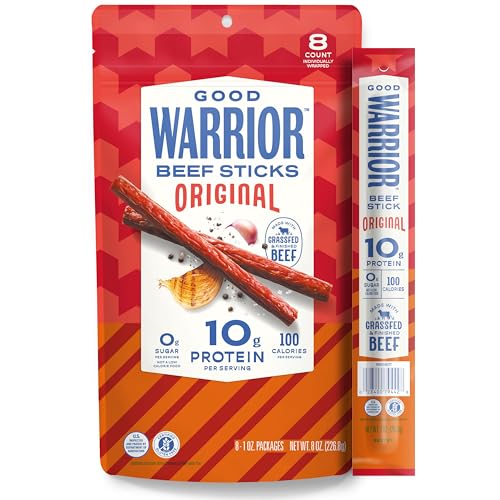 Good Warrior Beef Sticks, Original, 1 oz Sticks (8 Count), 10g Protein, 100 Calories, 0g Sugar, Grassfed & Finished Beef, Gluten Free