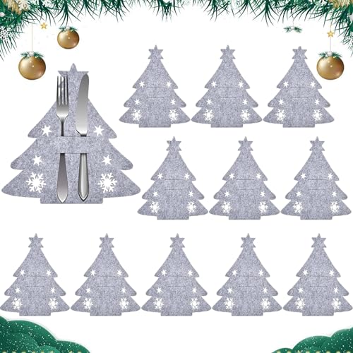 Cestas para Cubiertos de Fieltro Navideño,12 Pcs Bolsas Cubiertos de Navidad,Porta Cubiertos Navideños,Portacubiertos Árbol de Navidad Titulares,para Fiesta Mesa Cena Cocina Decoración (Fresno)