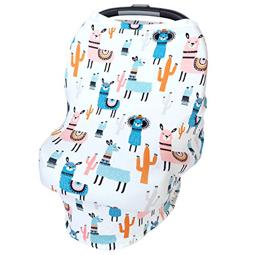 Image of Bundled Joy Baby Gifts - Baby Car Seat Cover Canopy Breastfeeding Nursing Cover Infinity Scarf Stretchy Soft Boys Girls Gender Neutral (Llama White)