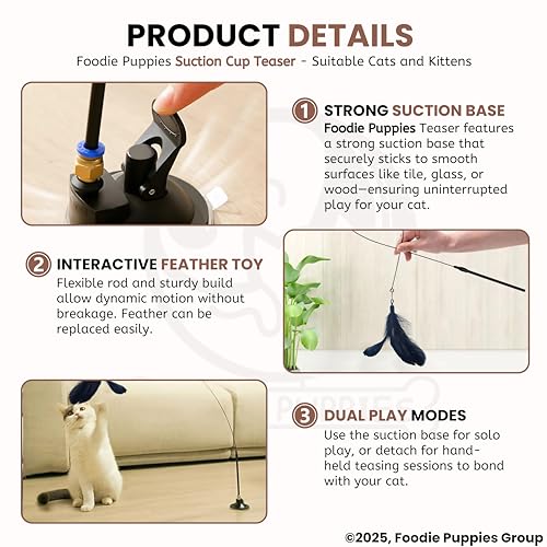 Image of Foodie Puppies Cat Teaser Playing Wand with Feather (Suction Cup Cat Teaser) for Cats and Kittens | Vibrant Interactive Bell Hanging Spring Wand | Fun Teasing, Catching, Chasing and Bonding Play
