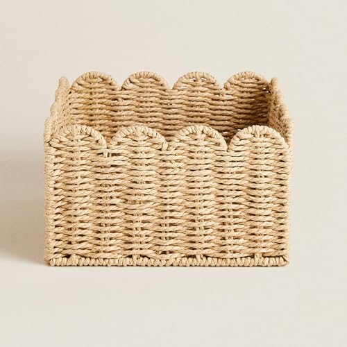 Image of Scalloped Basket, Wicker Baskets for Storage, Hand Woven shelf Baskets, Seagrass Baskets for Bathroom, Bedroom Organizing (Seagrass, S-9.5 * 9.5 * 5.5In)