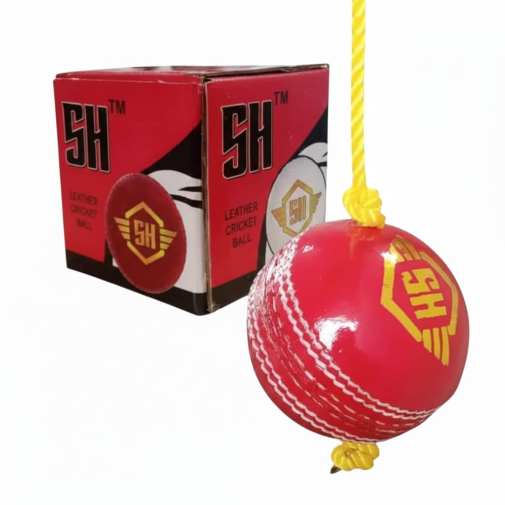 SNEHA HANDICRAFT Red Cricket Practice Training Ball with Rope, Red Leather, Yellow String Pack of 1-picture-22