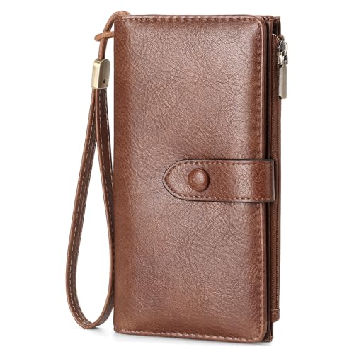 Image of GOIACII Womens Wallets Large Capacity Credit Card Holder RFID Blocking Leather Wallet Wristlet Ladies Clutch Purse Brown