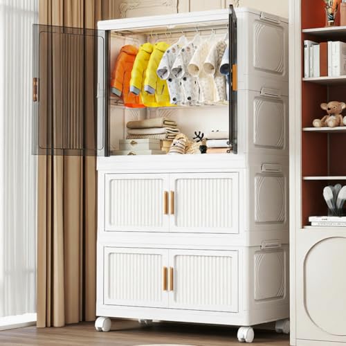 Image of KRISHYAM Modular Plastic Wardrobe with Transparent Sliding Doors & Drawer Storage | Multi-Layer Clothes Organizer Cabinet with Wheels (2 Layer - 1 Transparent Door (White))