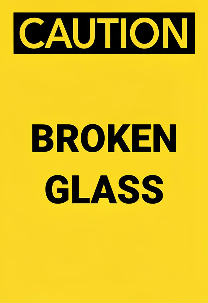 peiyeety Caution Broken Glass Tin Sign 12x8 Inch, Yellow & Black Safety Warning Metal Sign for Home, Garage, Workshop, Warehouse, Construction Site, Wall Door Decor