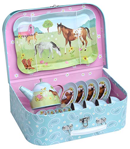 Jewelkeeper 15 Piece Kids Pretend Toy Tin Tea Set & Carrying Case