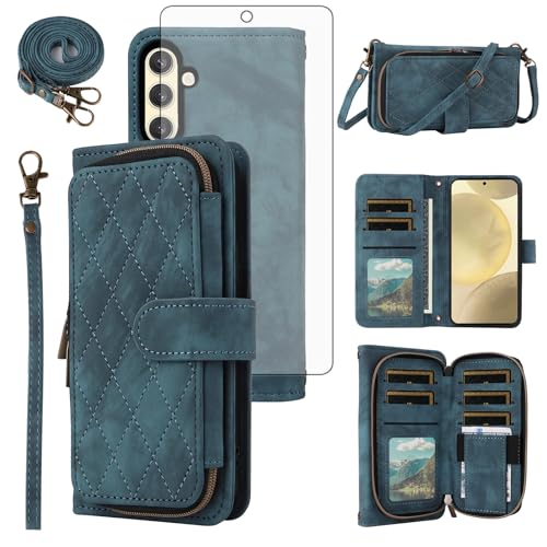 Étui portefeuille Samsung Galaxy S24/S25 5G bleu, protection verre trempé
