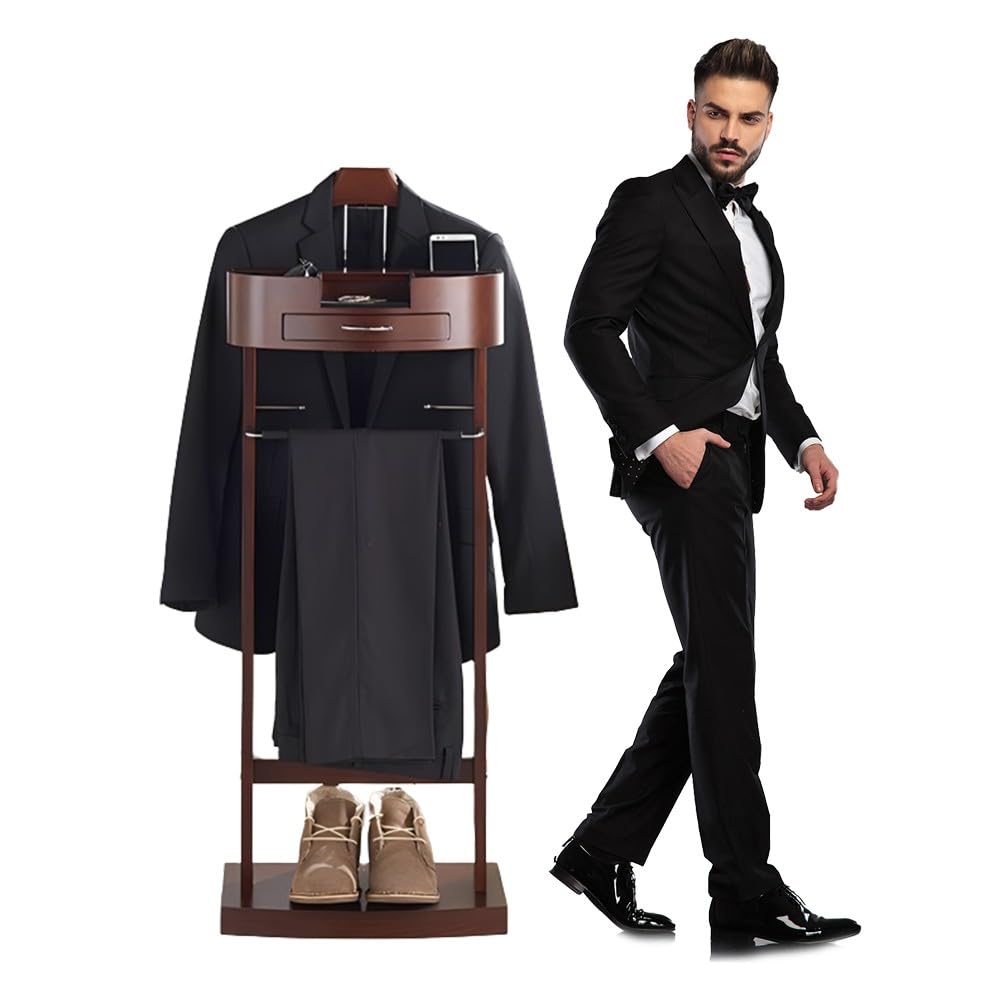 Galán de Noche de Madera Maciza, Multifuncional Galán de Noche con Percha de Hombro Ancha, Pantalonero, Bandeja,Cajón, Corbatero, para Ropa de Hombre o Mujer, 44.4x30x112.2cm