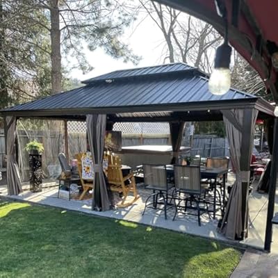 Domi Outdoor Living 12’ X 20’ Hardtop Gazebo, Outdoor Aluminum Frame Canopy with Galvanized Steel Double Roof, Outdoor Permanent Metal Pavilion with Curtains and Netting for Patio, Backyard and Lawn