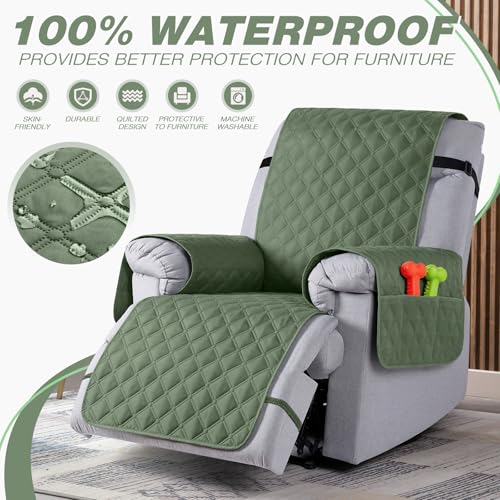 Image of TAOCOCO 100% Waterproof Recliner Covers, Recliner Sofa Covers with Leg Straps, Reversible Recliner Couch Cover for Reclining Chair, Washable Couch Protector for Pets Kids(1 Seater 25 inch, Moss Green)