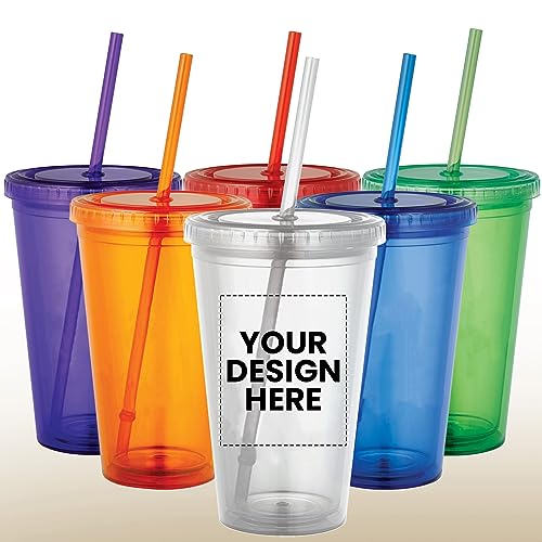 Custom Double Wall Tumblers - 12 Ct. One Color Print Personalized Gifts - 16 Oz Customizable Clear Tumbler with Lid and Straw for Party Favors, Birthday, School, Office, Wedding Favors