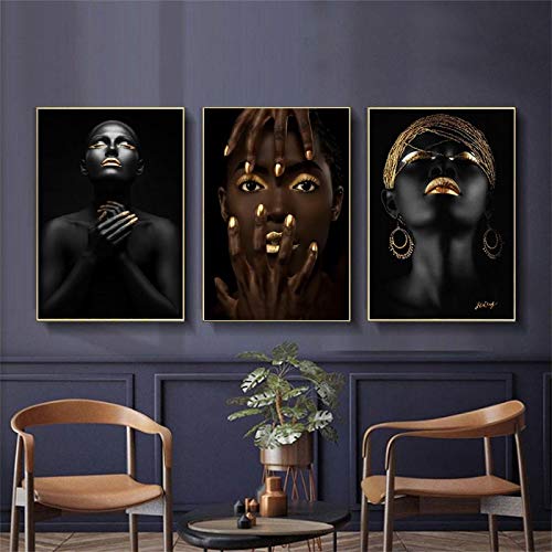 Peinture sur toile femme africaine noire et or 50x70 cm sans cadre pour decoration murale salon