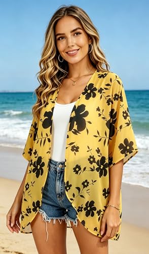 Image of FINOCEANS Womens Floral Chiffon Kimono Cardigans Loose Beach Cover Up Half Sleeve Tops