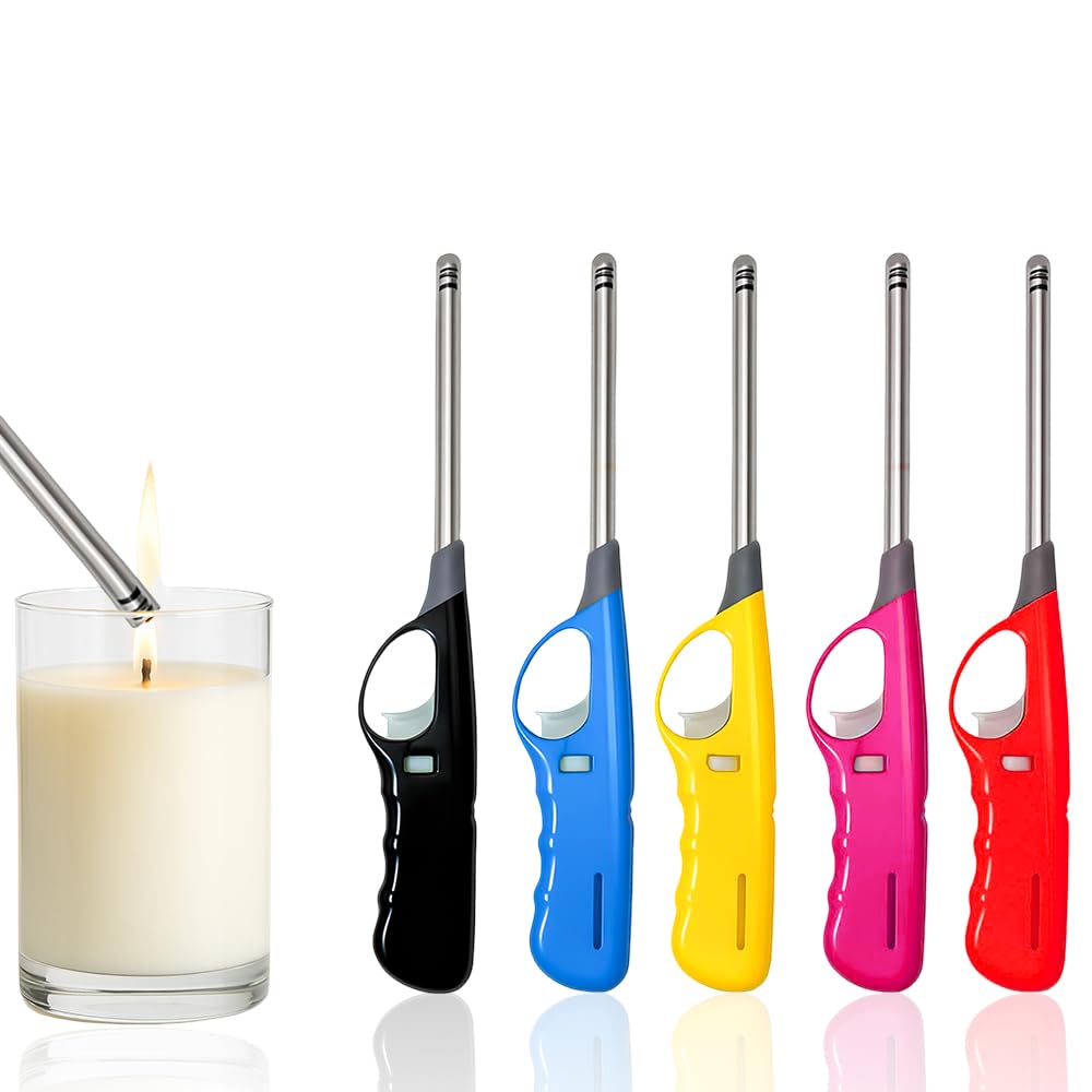 5 x Refillable Lighter Gas Adjustable Flame Windproof Long Reach Candle Lighter for Kitchen Cooking BBQs Camping Wood Burner & Fireworks (Assorted Colors)