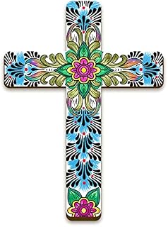 Maitys Hand Painted Floral Cross Wall Decor Decorative Inspirational Wooden Cross Spanish Style Wall Cross Mexican Art Wall Decor Mexican Crucifix for Church Home Room Decoration (Cute Style)