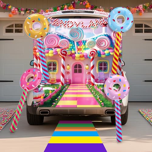 Halloween Candytown Trunk or Treat Decorations Kit Outdoor Candy Trunk or Treat Decoration with Sweet Candy Lollipop Banner Balloon Sticker for Suv Car Archway Garage Door Haunted House Party Supplies