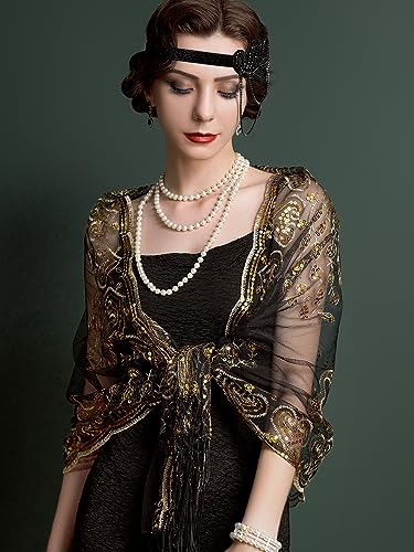 SWEETV Women's 1920s Long Shawl Wraps,Sequin Flapper Evening Shawls for women formal/Party/Wedding/Formal/Harlem night3